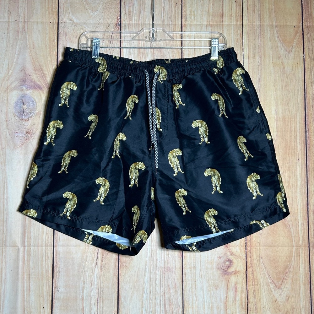 New INC Swim Trunks Mens L Black Gold Tiger Print Mesh Lined Summer‎ Beachy Bold
